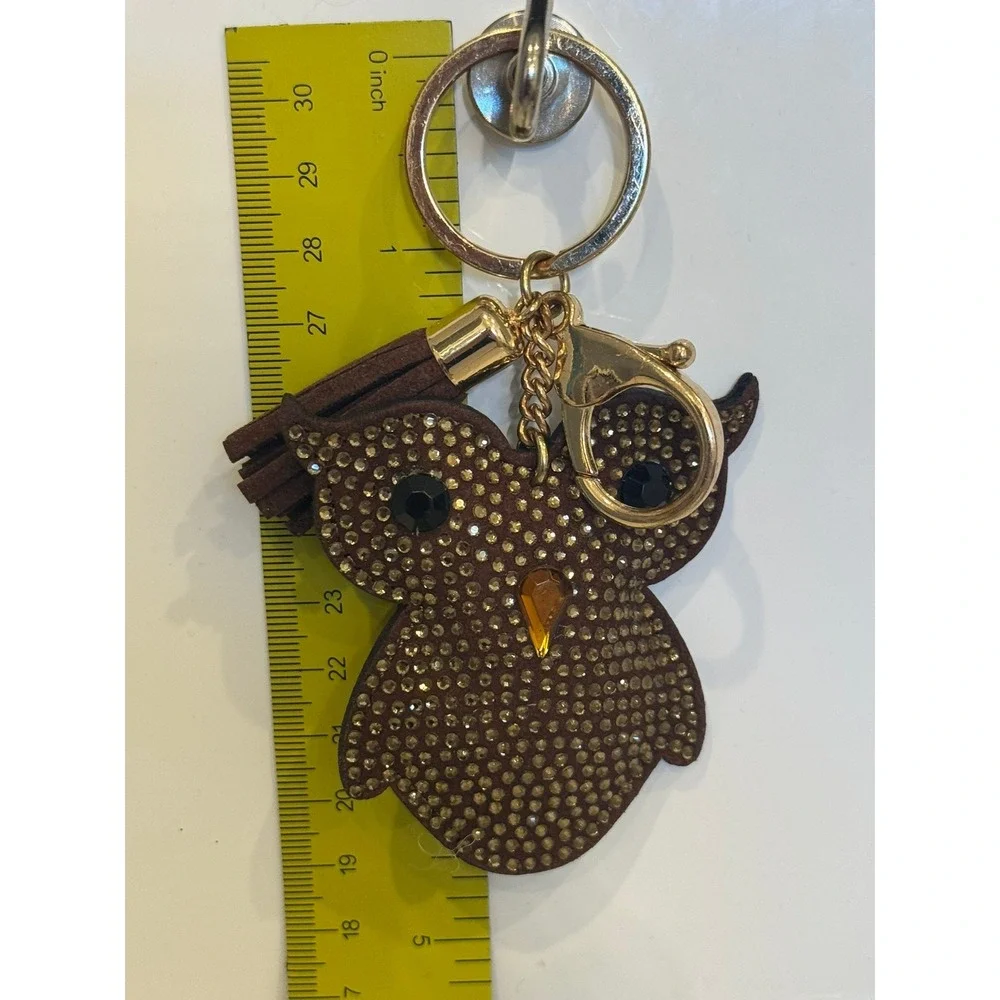 Brown Rhinestone Owl Keychain Gold Tassel Bag Charm Lobster Clasp Accessory
